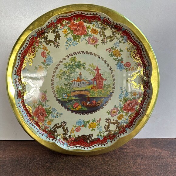 Vintage Daher Decorated Ware Tin Tray 16.25" Round Floral & Asian Scene England - Picture 15 of 16